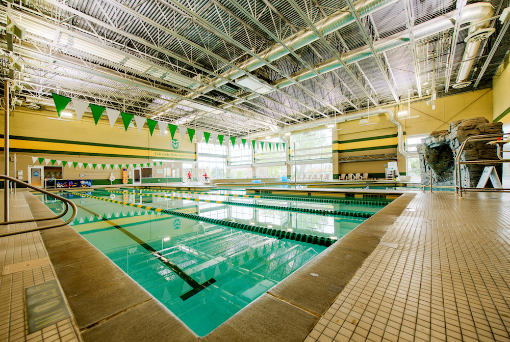 A photo of the Aquatic Center, featuring the four lap lanes in the foreground