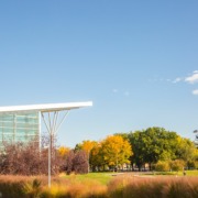 picture of the rec center, facing northwest. there are beautiful gold and red leaves on the trees